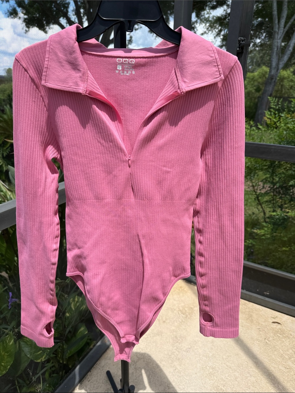 Women's Ribbed Long-Sleeve Pink Collared Bodysuit